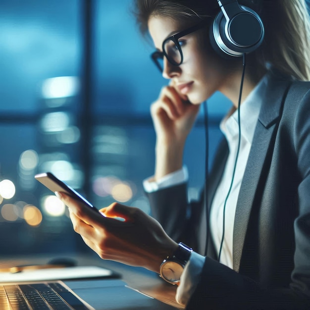 a woman in a suit is using a phone and wearing headphones