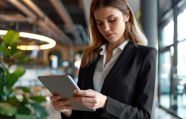 Photo a woman in a suit is using a tablet with a light on it