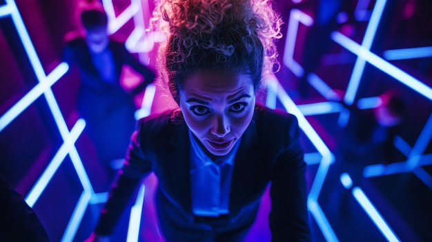 Photo a woman in a suit looks down at the camera with a worried expression neon lights surround her