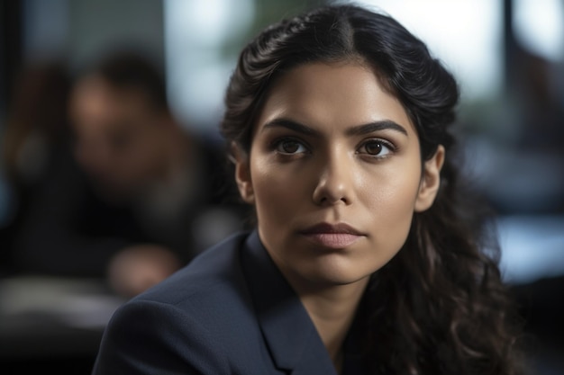 A woman in a suit looks into the camera.