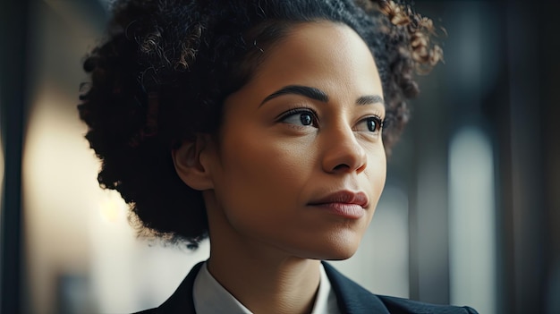 A woman in a suit looks into the distance.