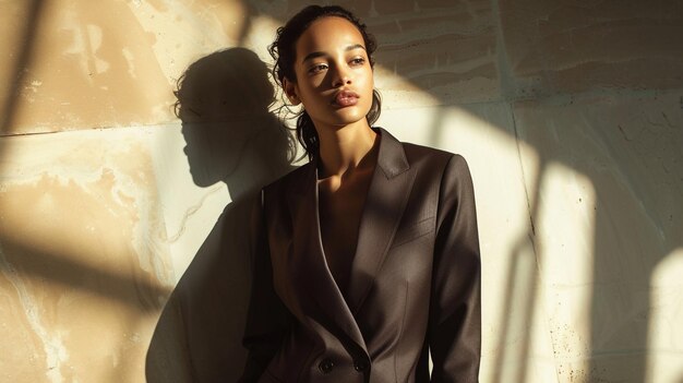 a woman in a suit and a shadow on a wall