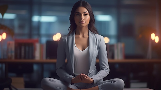 A woman in a suit sits in a dark room with bookshelves and a book shelf behind her.