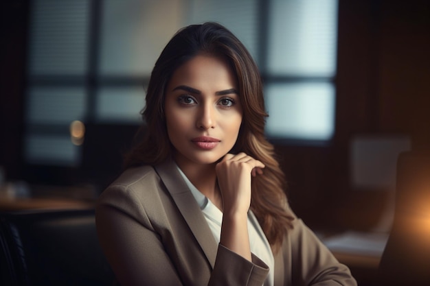 A woman in a suit sits in a dark room with a window behind her.