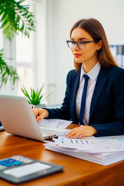 a woman in a suit sits at a desk with a laptop and papers