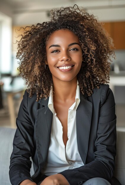 a woman in a suit sits in front of a white couch