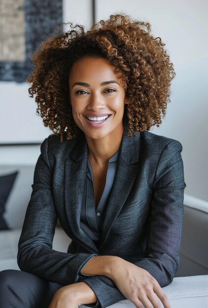 a woman in a suit sits in front of a white couch