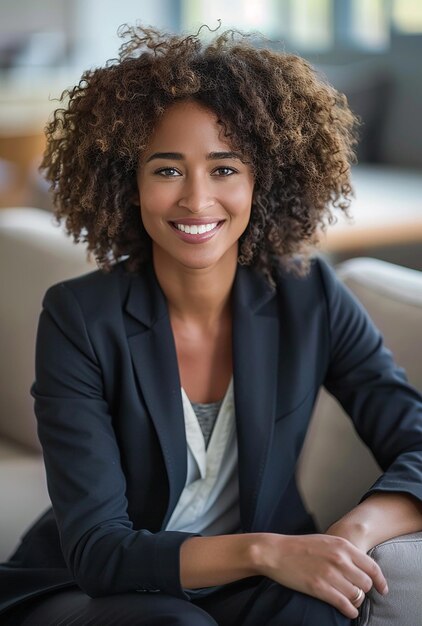 a woman in a suit sits in front of a white couch