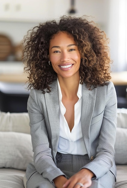 a woman in a suit sits in front of a white couch