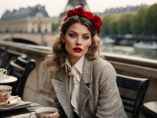 a woman in a suit sits at a table with a red flower in her hair