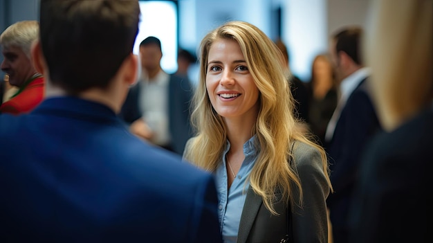 a woman in a suit smiles at a man in a suit with a woman in the background.