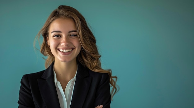 a woman in a suit smiles with a blue background