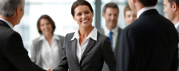 a woman in a suit smiles with other people in the background