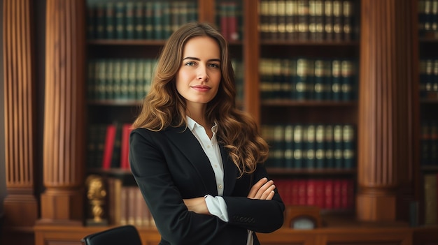 A woman in a suit standing in front of a bookcase