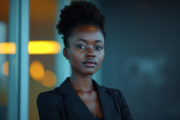 Woman in a Suit Standing in Front of a Window