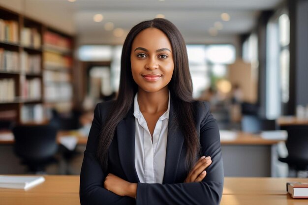 a woman in a suit stands in front of a book shelf