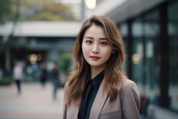 A woman in a suit stands in front of a building.