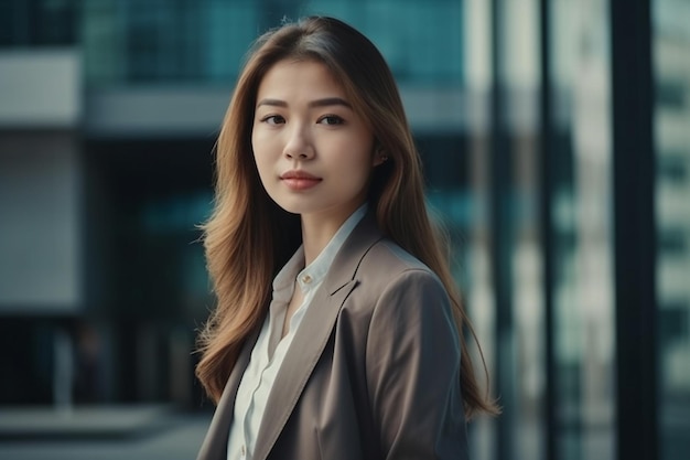 A woman in a suit stands in front of a building