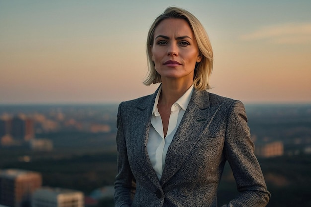 a woman in a suit stands in front of a city skyline