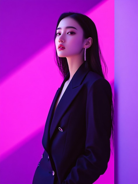 a woman in a suit stands in front of a colorful wall