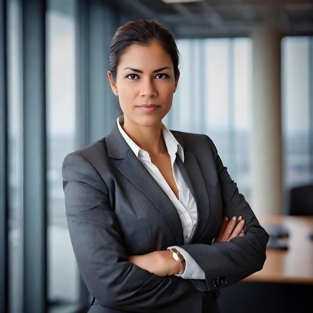 a woman in a suit stands in front of a desk with her arms crossed