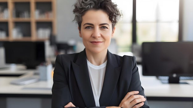 A woman in a suit stands in front of a desk with her arms crossed.