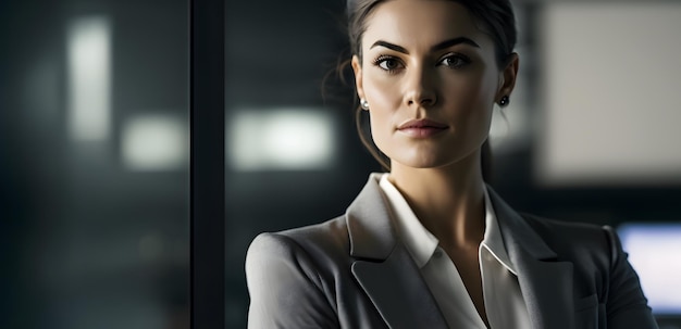 A woman in a suit stands in front of a glass wall.