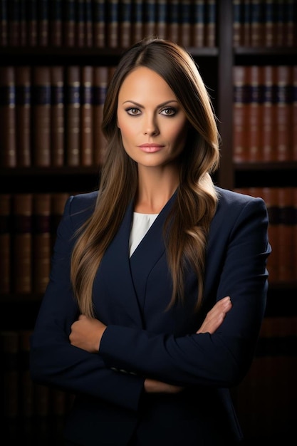 a woman in a suit stands in front of a row of books