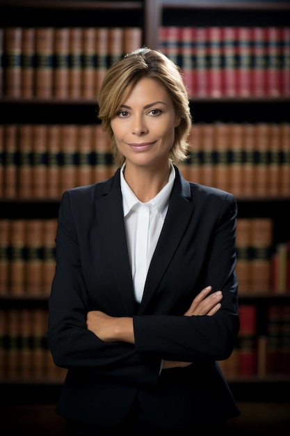 a woman in a suit stands in front of a row of books