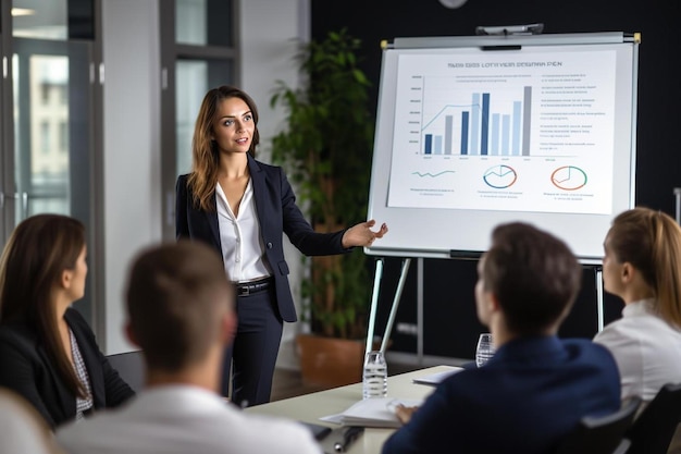 A woman in a suit stands in front of a screen that says graph on it.