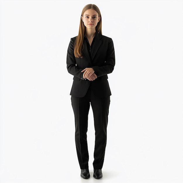 a woman in a suit stands in front of a white background