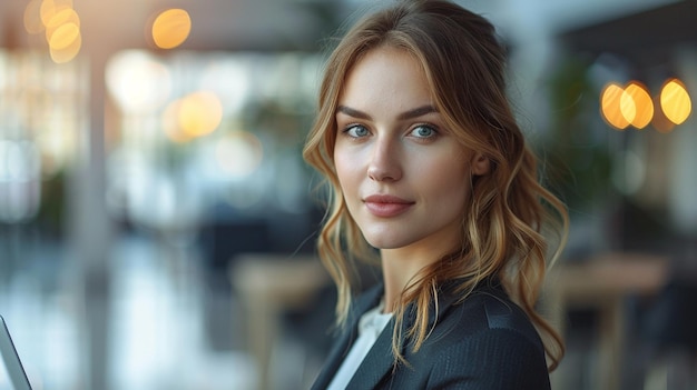 a woman in a suit stands in front of a window and looks into the camera