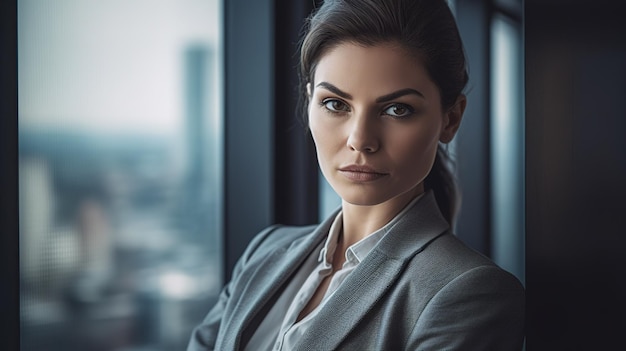 A woman in a suit stands in front of a window with the city in the background.