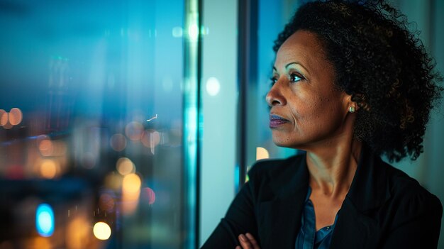 a woman in a suit stands in front of a window with her arms crossed