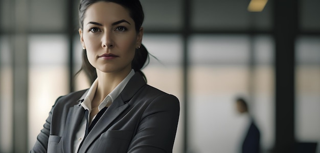 A woman in a suit stands in front of a window.