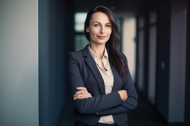 A woman in a suit stands in a hallway with her arms crossed.