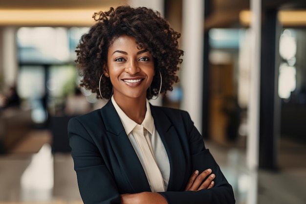 A woman in a suit stands in a lobby with her arms crossed