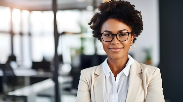 A woman in a suit stands in an office with her arms crossed.