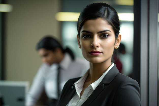 A woman in a suit stands in an office.