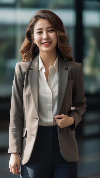 A woman in a suit stands outside in front of a building