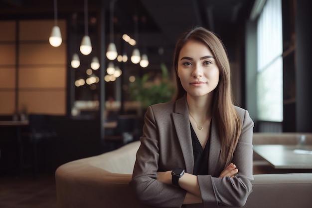 A woman in a suit stands in a restaurant with her arms crossed.