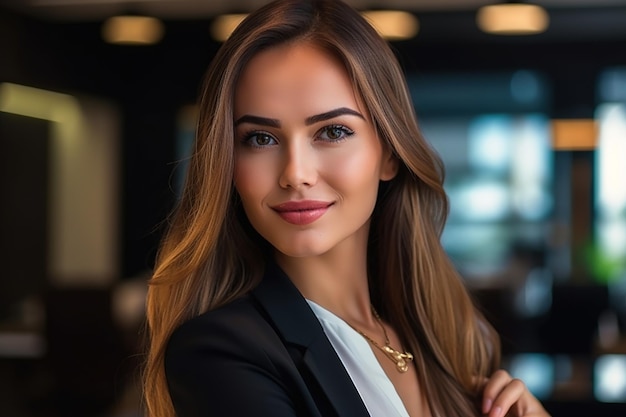 A woman in a suit stands in a restaurant