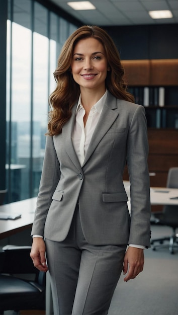 a woman in a suit stands in a room with a large window behind her