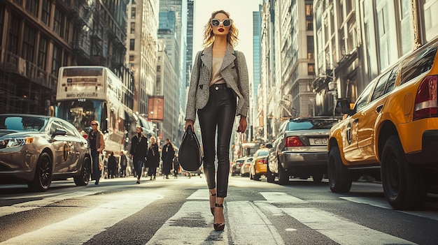 a woman in a suit stands on a street with a bag in her hand