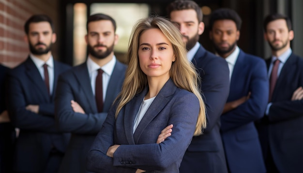 a woman in a suit stands with her arms crossed in front of her