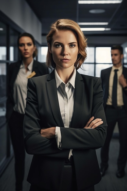 A woman in a suit stands with her arms crossed in front of her.