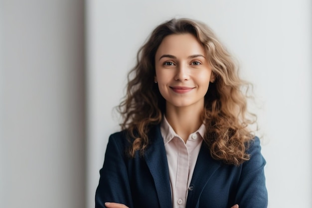 A woman in a suit stands with her arms crossed in front of a white wall.