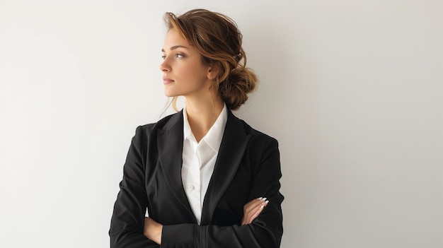 Photo a woman in a suit stands with her arms crossed