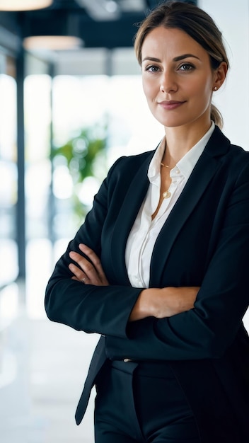 a woman in a suit stands with her arms crossed