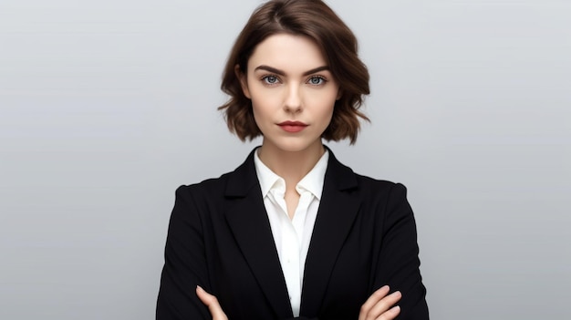 A woman in a suit stands with her arms crossed